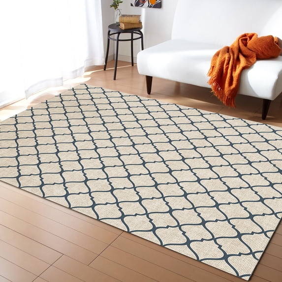 Area Rugs Indoor Non-Slip Rectangle Rug 2.7x5 Ft Rustic Moroccan Geometric Quatrefoil Dark Blue Lattice Rug Rubber Backing Floor Mats Non Shedding Home Decor Carpet for Entryway Living Room