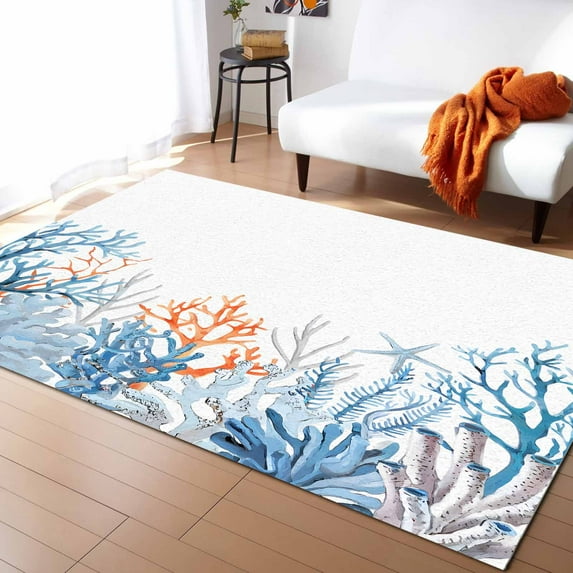 Area Rugs Indoor Non-Slip Rectangle Rug 2.7x5 Ft Seagrass Coral Ocean Retro Watercolor Countryside Rug Rubber Backing Floor Mats Non Shedding Home Decor Carpet for Entryway Living Room