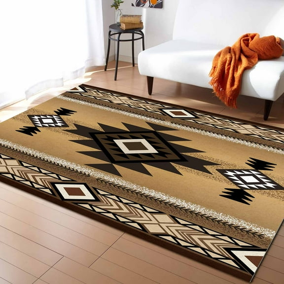 Area Rugs Indoor Non-Slip Rectangle Rug 2.7x5 Ft Southwest Ethnic Style Brown Tribe Retro Geometric Rug Rubber Backing Floor Mats Non Shedding Home Decor Carpet for Entryway Living Room