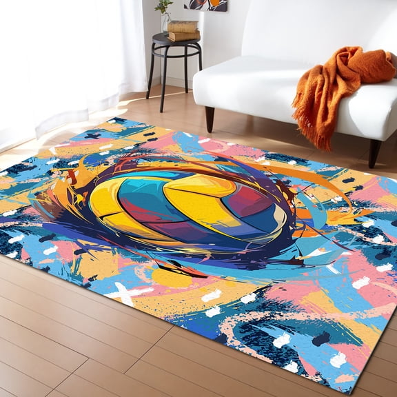 Area Rugs Indoor Non-Slip Rectangle Rug 2.7x5 Ft Sports Theme Volleyball Colorful Graffiti Rug Rubber Backing Floor Mats Non Shedding Home Decor Carpet for Entryway Living Room