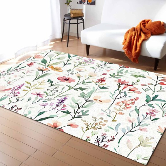 Area Rugs Indoor Non-Slip Rectangle Rug 2.7x5 Ft Spring Sage Floral Watercolor Style Red Flower Rug Rubber Backing Floor Mats Non Shedding Home Decor Carpet for Entryway Living Room