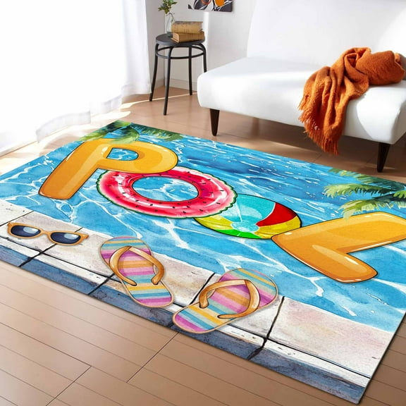 Area Rugs Indoor Non-Slip Rectangle Rug 2.7x5 Ft Summer Pool Swimming Ring Slippers Sunglasses Watercolor Art Rug Rubber Backing Floor Mats Non Shedding Home Decor Carpet for Entryway Living Room