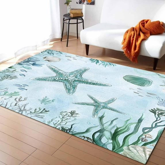 Area Rugs Indoor Non-Slip Rectangle Rug 2.7x5 Ft Teal Starfish Rug Rubber Backing Floor Mats Non Shedding Home Decor Carpet for Entryway Living Room