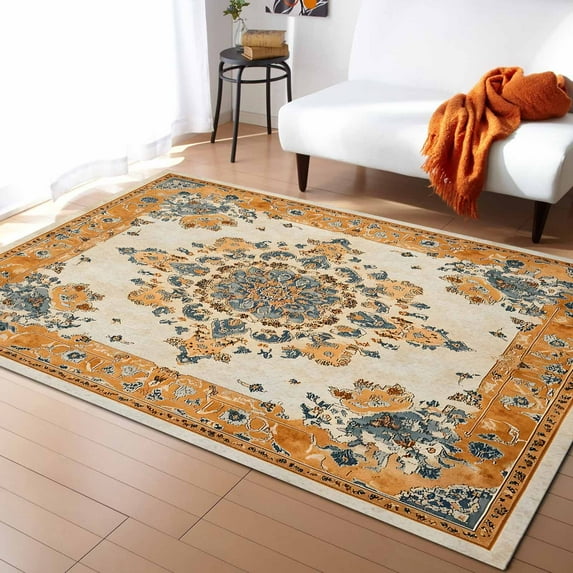 Area Rugs Indoor Non-Slip Rectangle Rug 2.7x5 Ft Vintage Boho Floral Vintage Ethnic Distress Traditional Style Rug Rubber Backing Floor Mats Non Shedding Home Decor Carpet for Entryway Living Room