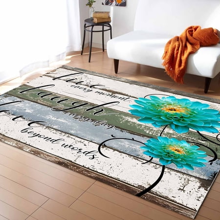 Area Rugs Indoor Non-Slip Rectangle Rug 2.7x5 Ft Vintage Classic Blue Dahlia Flowers Wood Grain Rug Rubber Backing Floor Mats Non Shedding Home Decor Carpet for Entryway Living Room