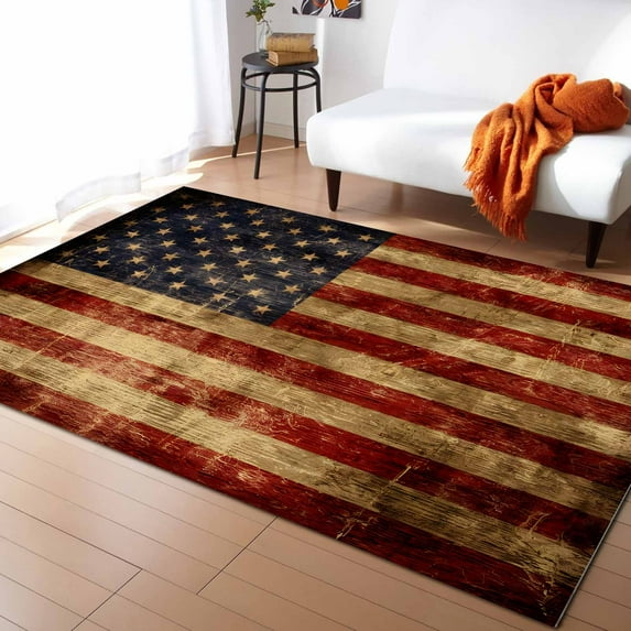 Area Rugs Indoor Non-Slip Rectangle Rug 2.7x5 Ft Vintage USA Flag Wood Grain Independence Day Rug Rubber Backing Floor Mats Non Shedding Home Decor Carpet for Entryway Living Room