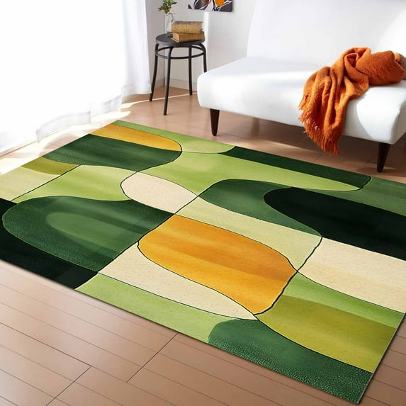 Area Rugs Indoor Non-Slip Rectangle Rug 2x3 Ft Abstract Art Green Geometric Color Block Rug Rubber Backing Floor Mats Non Shedding Home Decor Carpet for Entryway Living Room