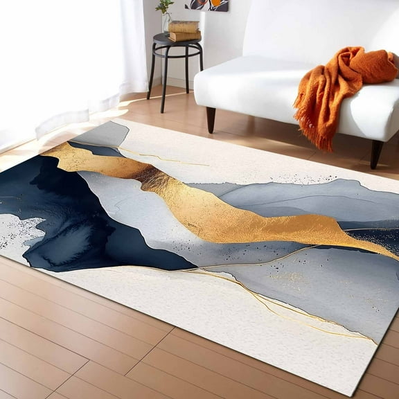 Area Rugs Indoor Non-Slip Rectangle Rug 2x3 Ft Abstract Modern Gold Blue Grey Geometric Minimalist Rug Rubber Backing Floor Mats Non Shedding Home Decor Carpet for Entryway Living Room