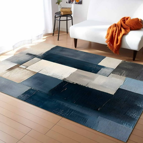 Area Rugs Indoor Non-Slip Rectangle Rug 2x3 Ft Abstract Oil Painting Style Navy Blue Brown Color Block Rug Rubber Backing Floor Mats Non Shedding Home Decor Carpet for Entryway Living Room