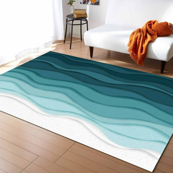 Area Rugs Indoor Non-Slip Rectangle Rug 2x3 Ft Abstract Turquoise White Beach Gradient Ocean Waves Rug Rubber Backing Floor Mats Non Shedding Home Decor Carpet for Entryway Living Room