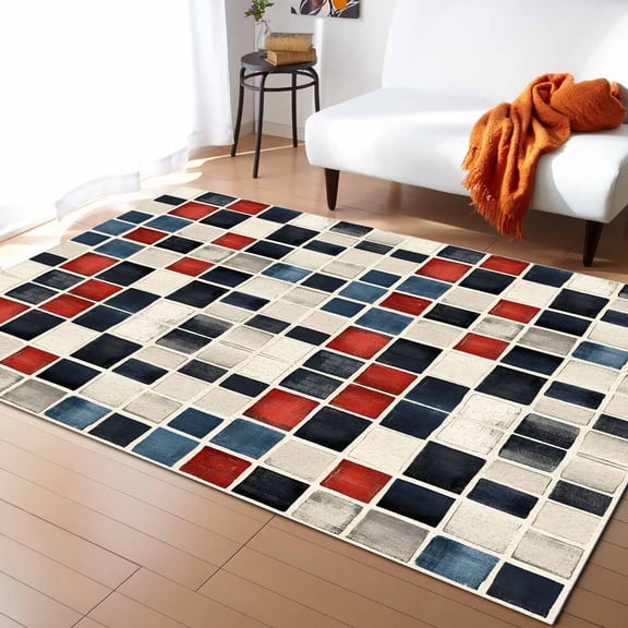 Area Rugs Indoor Non-Slip Rectangle Rug 2x3 Ft Art Deco Abstract Black White Red Square Rug Rubber Backing Floor Mats Non Shedding Home Decor Carpet for Entryway Living Room