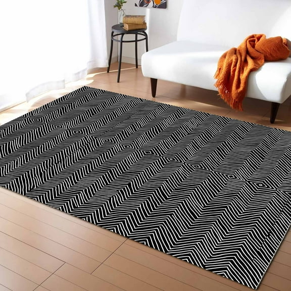 Area Rugs Indoor Non-Slip Rectangle Rug 2x3 Ft Art Deco Simple White Black Striped Rug Rubber Backing Floor Mats Non Shedding Home Decor Carpet for Entryway Living Room