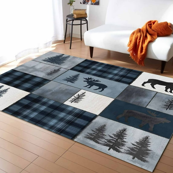 Area Rugs Indoor Non-Slip Rectangle Rug 2x3 Ft Bear Moose Blue Retro Forest Wild Animal Buffalo Plaid Patchwork Rug Rubber Backing Floor Mats Non Shedding Home Decor Carpet for Entryway Living Room