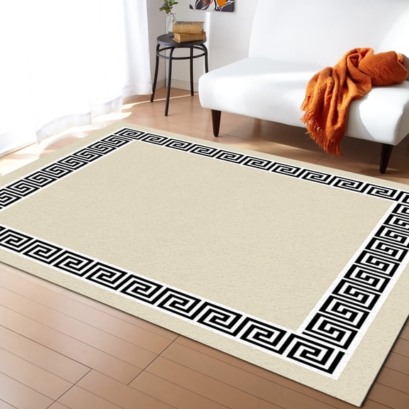 Area Rugs Indoor Non-Slip Rectangle Rug 2x3 Ft Beige Greek Chinese Style Border Geometric Rug Rubber Backing Floor Mats Non Shedding Home Decor Carpet for Entryway Living Room