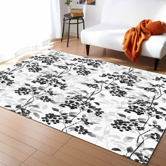 Area Rugs Indoor Non-Slip Rectangle Rug 2x3 Ft Black Floral Leaf Vintage Flowers Decor Rug Rubber Backing Floor Mats Non Shedding Home Decor Carpet for Entryway Living Room