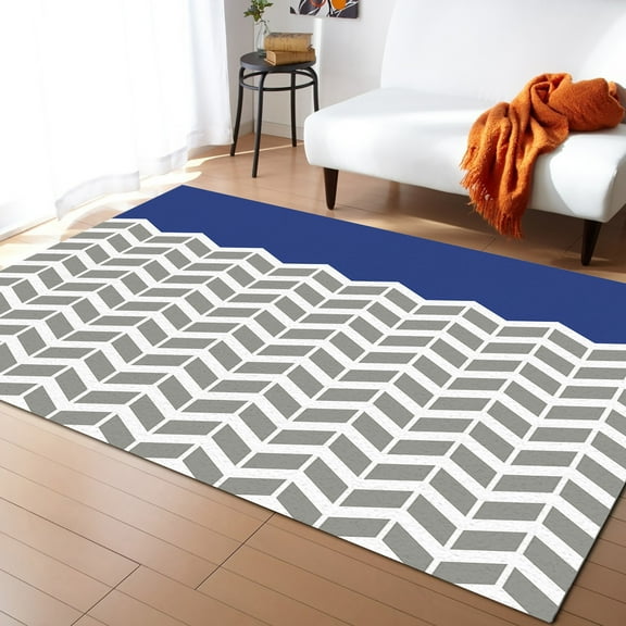 Area Rugs Indoor Non-Slip Rectangle Rug 2x3 Ft Blue Grey Herringbone Abstract Rug Rubber Backing Floor Mats Non Shedding Home Decor Carpet for Entryway Living Room