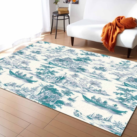 Area Rugs Indoor Non-Slip Rectangle Rug 2x3 Ft Chinese Style Cyan Blue Garden Plant River Boat Rug Rubber Backing Floor Mats Non Shedding Home Decor Carpet for Entryway Living Room