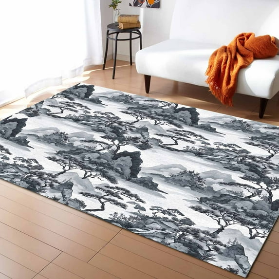 Area Rugs Indoor Non-Slip Rectangle Rug 2x3 Ft Chinese Style Retro Mountains and Rivers Plant Rug Rubber Backing Floor Mats Non Shedding Home Decor Carpet for Entryway Living Room