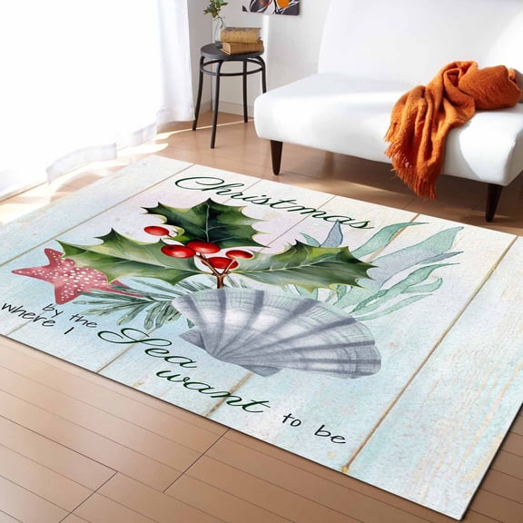 Area Rugs Indoor Non-Slip Rectangle Rug 2x3 Ft Christmas Poinsettia Starfish Shell Marine Life Wood Grain Rug Rubber Backing Floor Mats Non Shedding Home Decor Carpet for Entryway Living Room