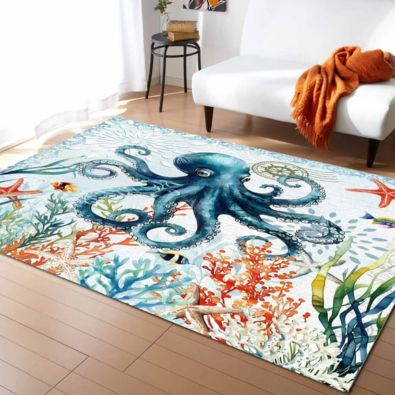 Area Rugs Indoor Non-Slip Rectangle Rug 2x3 Ft Coastal Octopus Ocean Coral Seaweed Summer Nautical Rug Rubber Backing Floor Mats Non Shedding Home Decor Carpet for Entryway Living Room