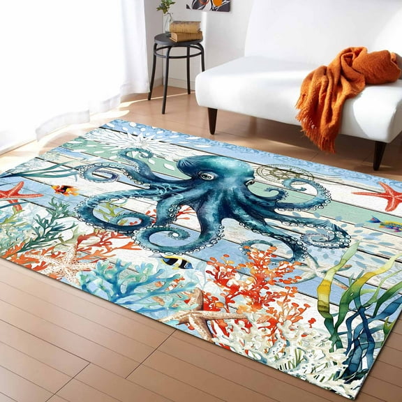 Area Rugs Indoor Non-Slip Rectangle Rug 2x3 Ft Coastal Octopus Ocean Coral Seaweed Wood Grain Rug Rubber Backing Floor Mats Non Shedding Home Decor Carpet for Entryway Living Room