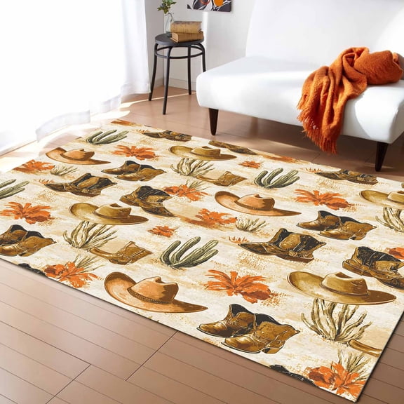 Area Rugs Indoor Non-Slip Rectangle Rug 2x3 Ft Country Watercolor Style Vintage Cowboy Boots Hat Rug Rubber Backing Floor Mats Non Shedding Home Decor Carpet for Entryway Living Room