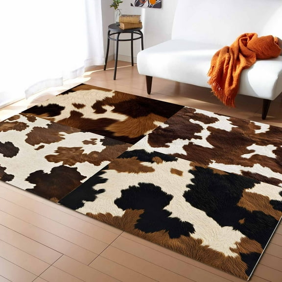Area Rugs Indoor Non-Slip Rectangle Rug 2x3 Ft Cowhide Cow Skin Texture Abstract Countryside Western Rug Rubber Backing Floor Mats Non Shedding Home Decor Carpet for Entryway Living Room