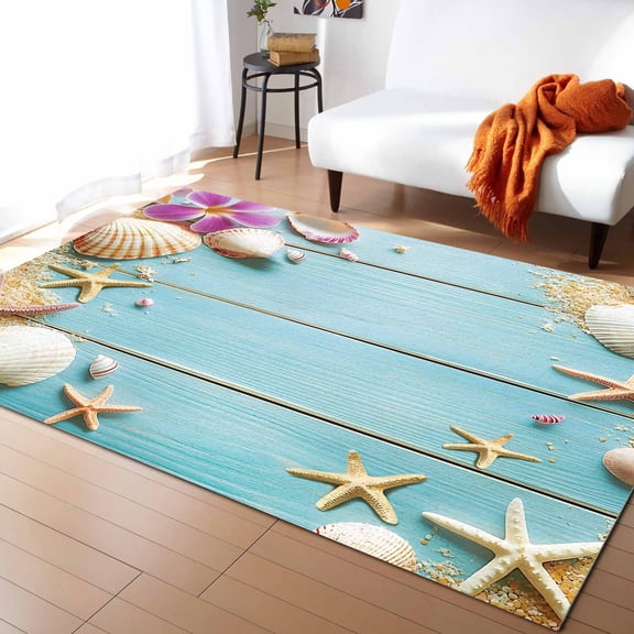 Area Rugs Indoor Non-Slip Rectangle Rug 2x3 Ft Farmhouse Beach Shell Starfish Floral Teal Wood Grain Rug Rubber Backing Floor Mats Non Shedding Home Decor Carpet for Entryway Living Room
