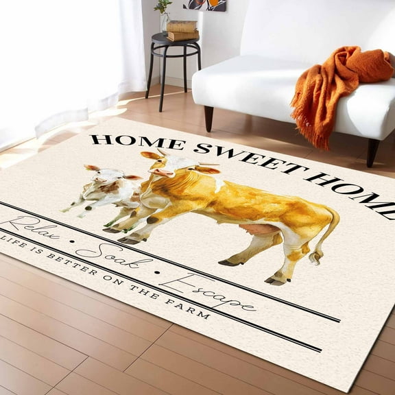 Area Rugs Indoor Non-Slip Rectangle Rug 2x3 Ft Farmhouse Retro Home Sweet Home Watercolor Cow Rug Rubber Backing Floor Mats Non Shedding Home Decor Carpet for Entryway Living Room