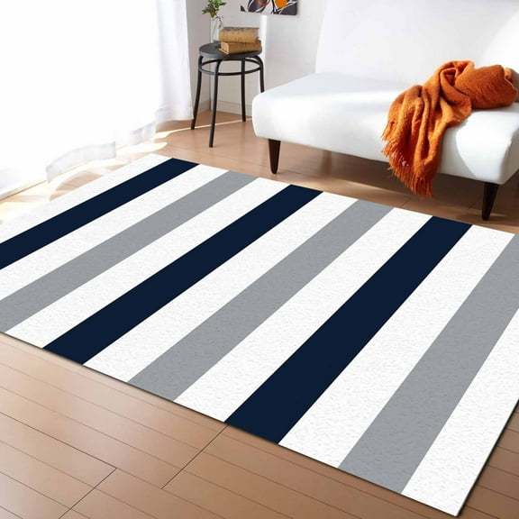 Area Rugs Indoor Non-Slip Rectangle Rug 2x3 Ft Gray Navy Blue Striped Modern Abstract Rug Rubber Backing Floor Mats Non Shedding Home Decor Carpet for Entryway Living Room