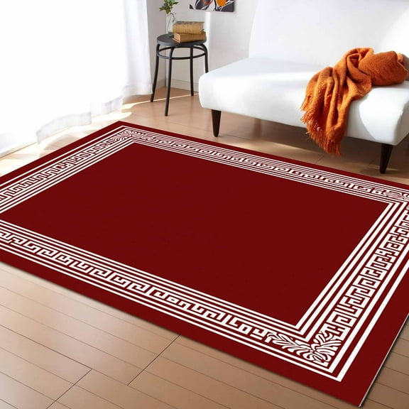 Area Rugs Indoor Non-Slip Rectangle Rug 2x3 Ft Greek Key Design Red and White Geometric Country Rustic Rug Rubber Backing Floor Mats Non Shedding Home Decor Carpet for Entryway Living Room
