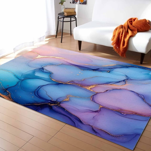 Area Rugs Indoor Non-Slip Rectangle Rug 2x3 Ft Marble Abstract Art Purple Blue Gradient Cave Rock Golden Lines Rug Rubber Backing Floor Mats Non Shedding Home Decor Carpet for Entryway Living Room