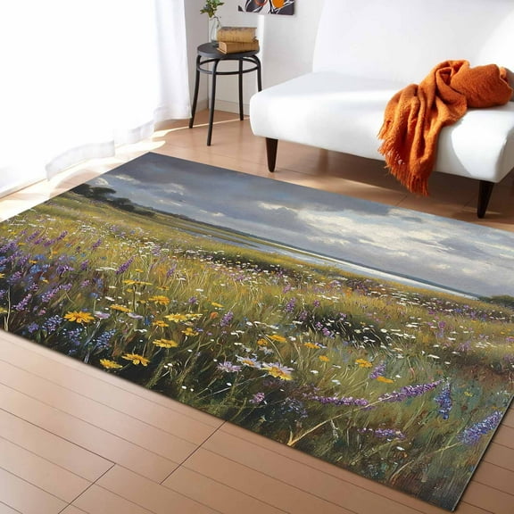 Area Rugs Indoor Non-Slip Rectangle Rug 2x3 Ft Modernism Grassland Oil Painting Flower Plant Rug Rubber Backing Floor Mats Non Shedding Home Decor Carpet for Entryway Living Room