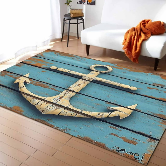 Area Rugs Indoor Non-Slip Rectangle Rug 2x3 Ft Nautical Anchor Vintage Style Wood Grain Rug Rubber Backing Floor Mats Non Shedding Home Decor Carpet for Entryway Living Room
