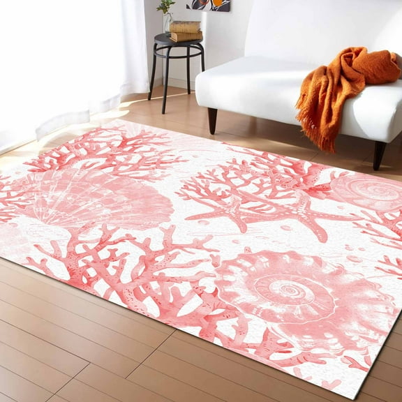 Area Rugs Indoor Non-Slip Rectangle Rug 2x3 Ft Nautical Coastal Beach Ocean Pink Coral Seashell Starfish Rug Rubber Backing Floor Mats Non Shedding Home Decor Carpet for Entryway Living Room