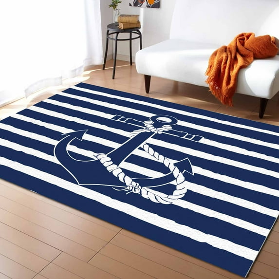 Area Rugs Indoor Non-Slip Rectangle Rug 2x3 Ft Navy Anchor Nautical Vintage Blue White Stripes Rug Rubber Backing Floor Mats Non Shedding Home Decor Carpet for Entryway Living Room