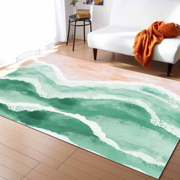 Area Rugs Indoor Non-Slip Rectangle Rug 2x3 Ft Ocean Wave Sage Green Gradient Beach Boho Rug Rubber Backing Floor Mats Non Shedding Home Decor Carpet for Entryway Living Room