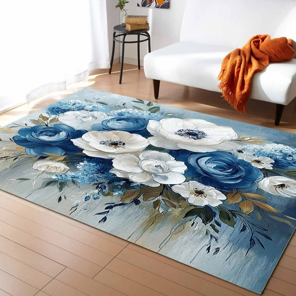 Area Rugs Indoor Non-Slip Rectangle Rug 2x3 Ft Oil Painting Flowers Blue White Hydrangeas Peony Rug Rubber Backing Floor Mats Non Shedding Home Decor Carpet for Entryway Living Room
