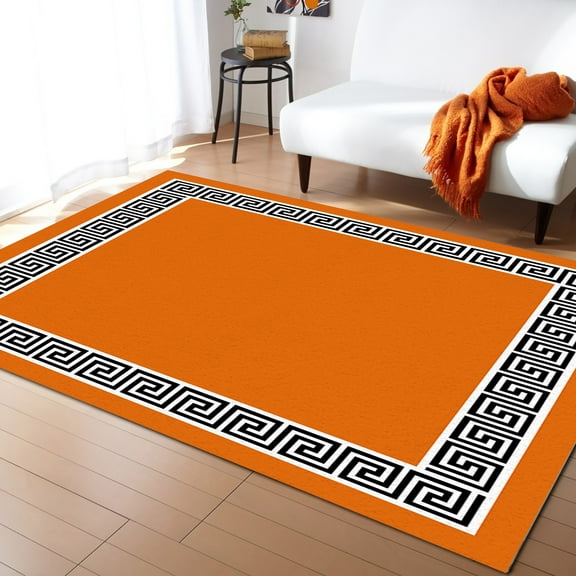 Area Rugs Indoor Non-Slip Rectangle Rug 2x3 Ft Orange Greek Chinese Style Border Geometric Rug Rubber Backing Floor Mats Non Shedding Home Decor Carpet for Entryway Living Room