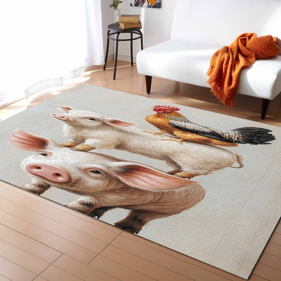 Area Rugs Indoor Non-Slip Rectangle Rug 2x3 Ft Pig Rooster Animals Rug Rubber Backing Floor Mats Non Shedding Home Decor Carpet for Entryway Living Room