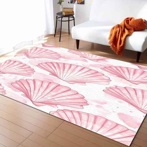 Area Rugs Indoor Non-Slip Rectangle Rug 2x3 Ft Pink Seashell Summer Coastal Watercolor Rug Rubber Backing Floor Mats Non Shedding Home Decor Carpet for Entryway Living Room