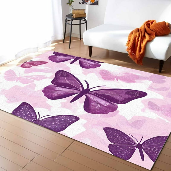 Area Rugs Indoor Non-Slip Rectangle Rug 2x3 Ft Purple Butterfly Pink Bug Cartoon Style Modern Art Rug Rubber Backing Floor Mats Non Shedding Home Decor Carpet for Entryway Living Room