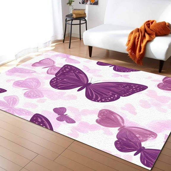 Area Rugs Indoor Non-Slip Rectangle Rug 2x3 Ft Purple Butterfly Pink Bug Modern Art Cartoon Style Rug Rubber Backing Floor Mats Non Shedding Home Decor Carpet for Entryway Living Room