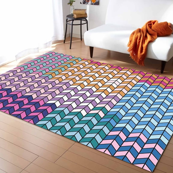 Area Rugs Indoor Non-Slip Rectangle Rug 2x3 Ft Retro Herringbone Pattern Rainbow Modern Minimalist Geometric Rug Rubber Backing Floor Mats Non Shedding Home Decor Carpet for Entryway Living Room