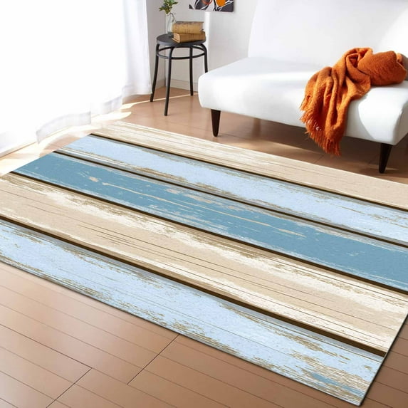 Area Rugs Indoor Non-Slip Rectangle Rug 2x3 Ft Retro Wood Grain Blue Beige Board Farmhouse Countryside Rug Rubber Backing Floor Mats Non Shedding Home Decor Carpet for Entryway Living Room