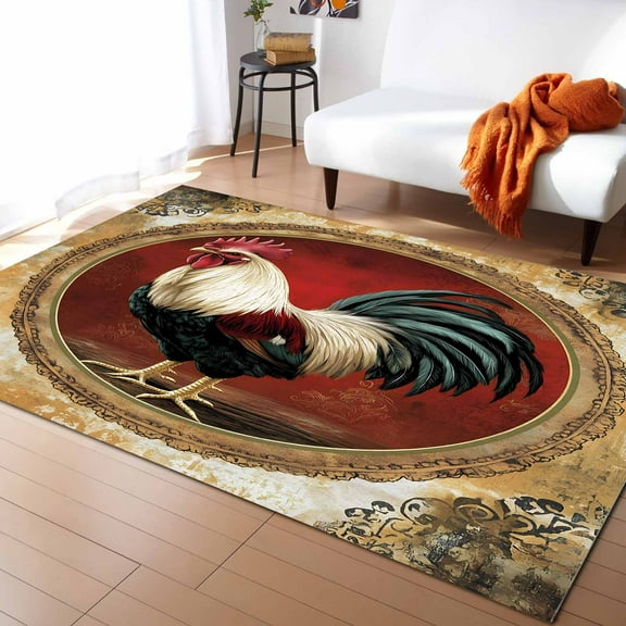 Area Rugs Indoor Non-Slip Rectangle Rug 2x3 Ft Rooster Retro Rustic Animal Rug Rubber Backing Floor Mats Non Shedding Home Decor Carpet for Entryway Living Room
