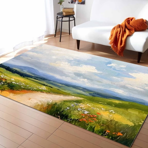 Area Rugs Indoor Non-Slip Rectangle Rug 2x3 Ft Scenery Cloud Flower Landscape Grass Minimalist Style Rug Rubber Backing Floor Mats Non Shedding Home Decor Carpet for Entryway Living Room