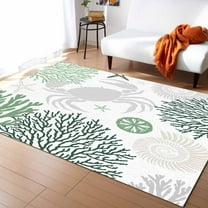 Area Rugs Indoor Non-Slip Rectangle Rug 2x3 Ft Summer Green Grey Crab Coral Seashell Nautical Coastal Rug Rubber Backing Floor Mats Non Shedding Home Decor Carpet for Entryway Living Room
