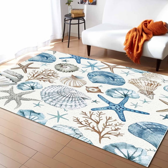 Area Rugs Indoor Non-Slip Rectangle Rug 2x3 Ft Summer Ocean Blue and Brown Starfish Seashell Coral Rug Rubber Backing Floor Mats Non Shedding Home Decor Carpet for Living Room Entryway