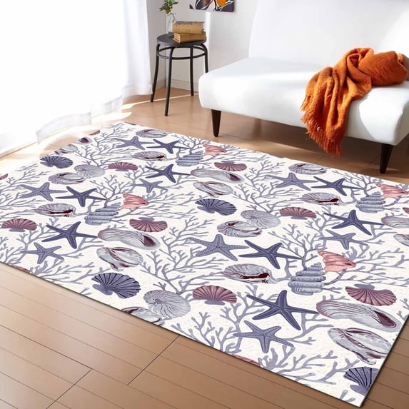 Area Rugs Indoor Non-Slip Rectangle Rug 2x3 Ft Summer Retro Purple Ocean Shell Starfish Coral Rug Rubber Backing Floor Mats Non Shedding Home Decor Carpet for Entryway Living Room